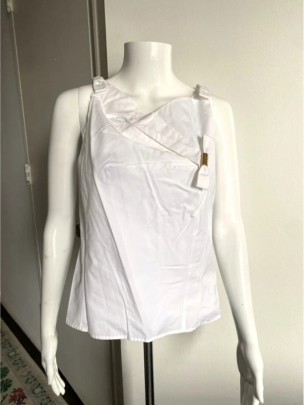 NWOT Louis Vuitton FR-34 Vintage White LV Logo Bow Cotton Top Blouse Italy